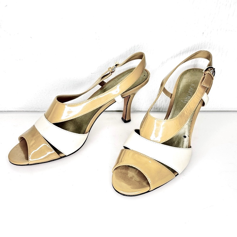 Joan & David Sandals Heels Cream and Tan Open Toe 8.5